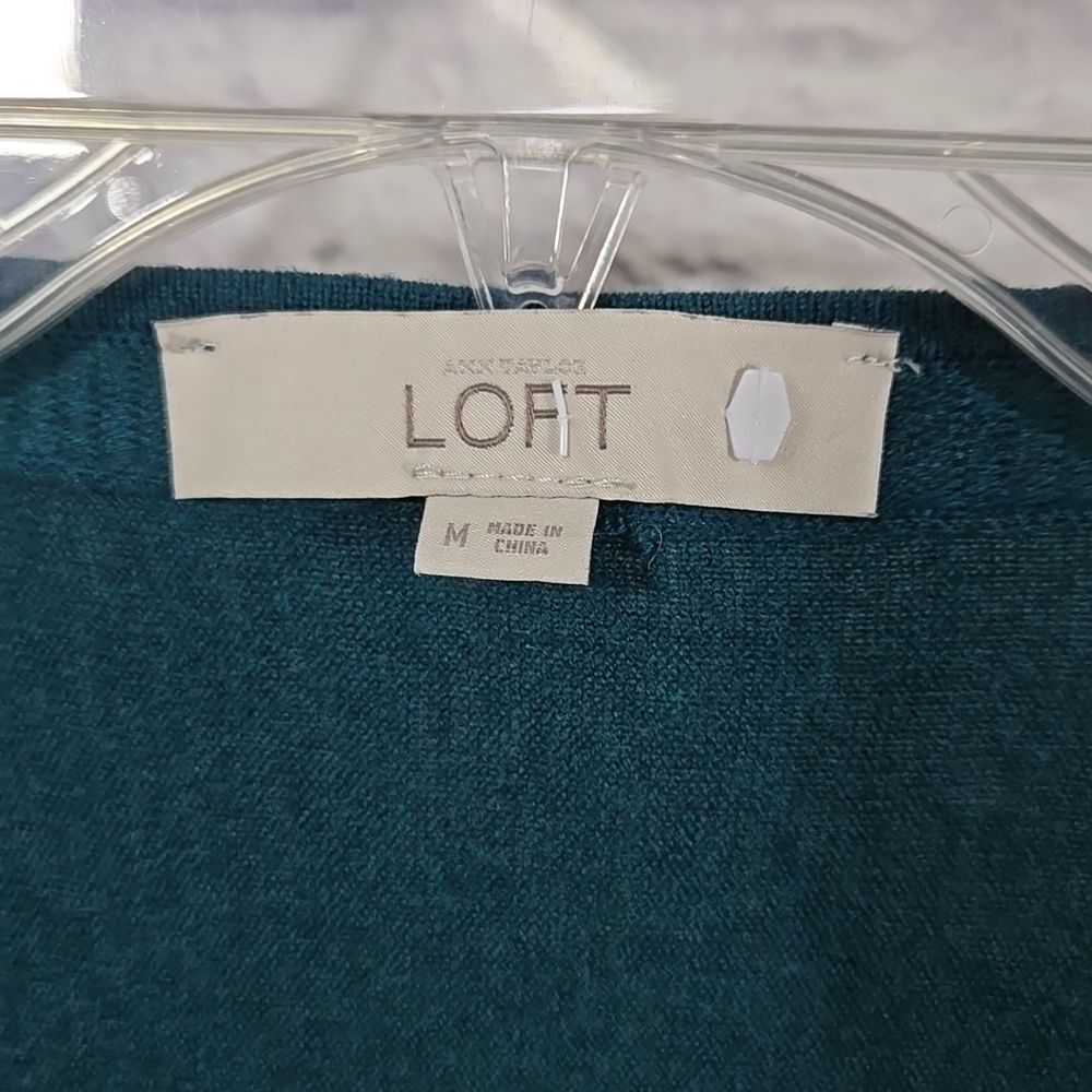 LOFT Teal Surplice Sweater Medium Wool Blend Faux Wrap 3/4 Sleeve Work Top - Picture 8 of 10